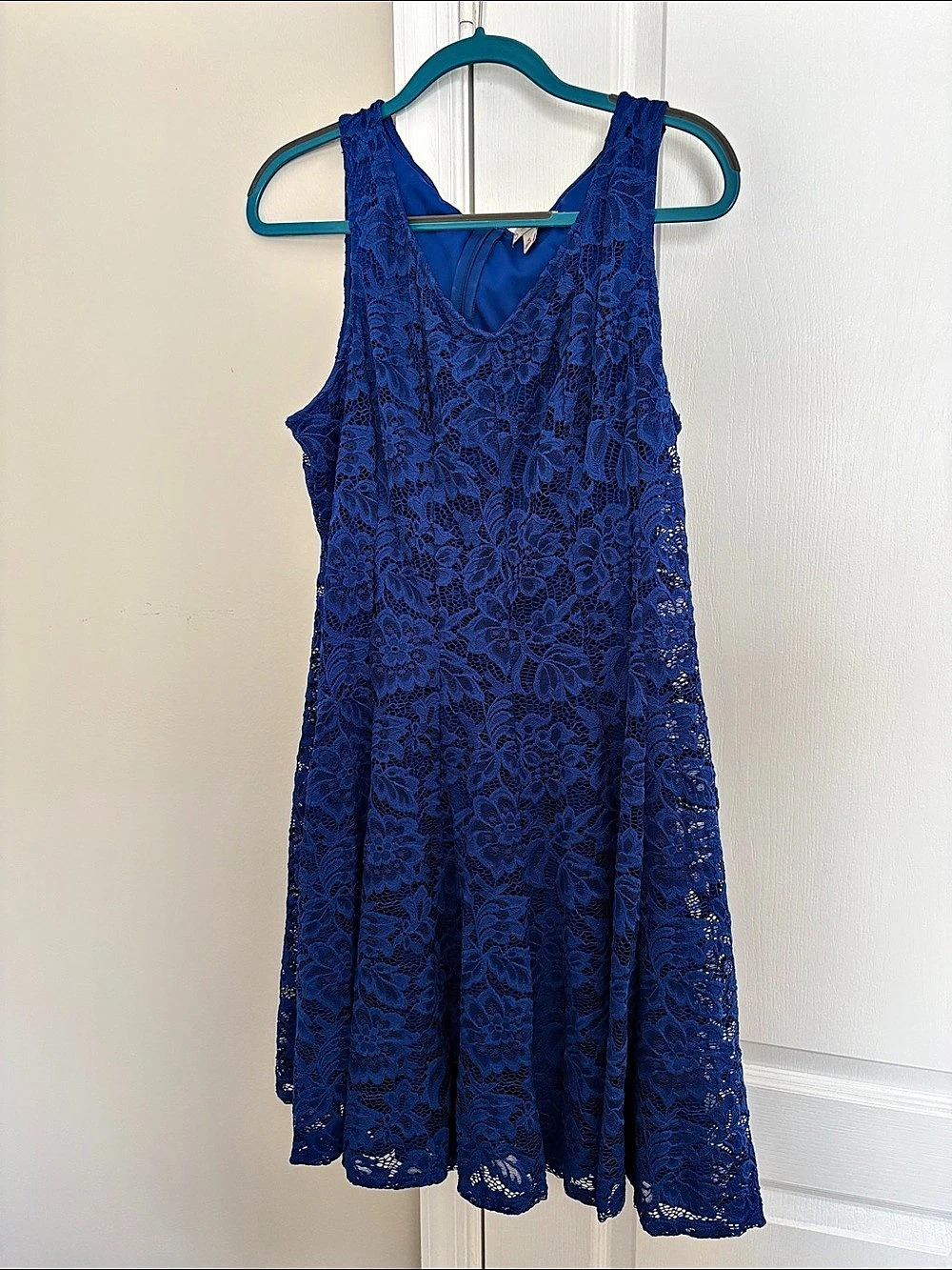 Dressbarn Blue Floral Lace Mini Dress Size 16 Like New